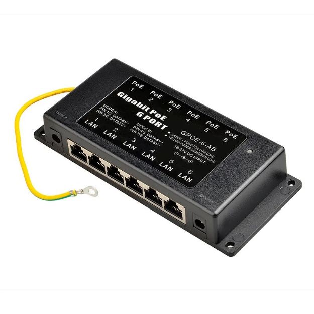 Passive POE Injector Hub, 6 Port, Gigabit, 2.1mm Jack